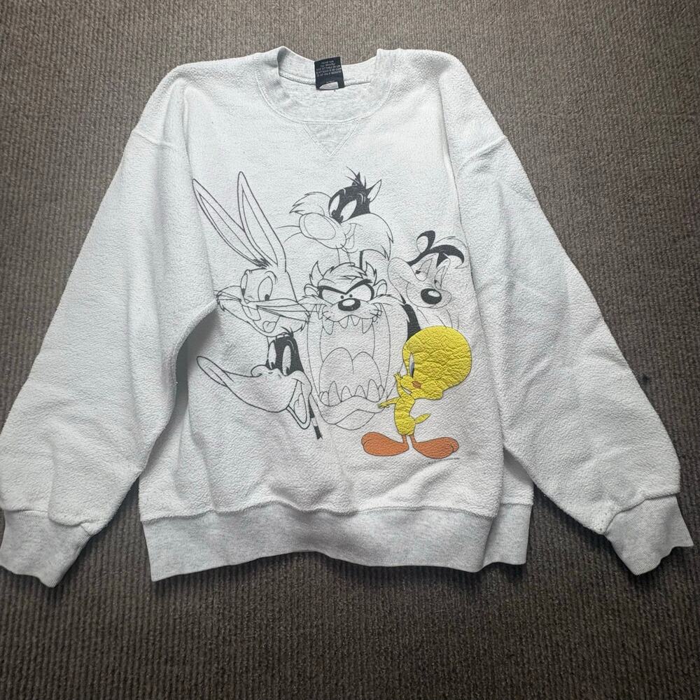 Vintage Looney Tunes Crewneck Sweatshirt Sz Large White 1995 Tweety Back Hit 90s